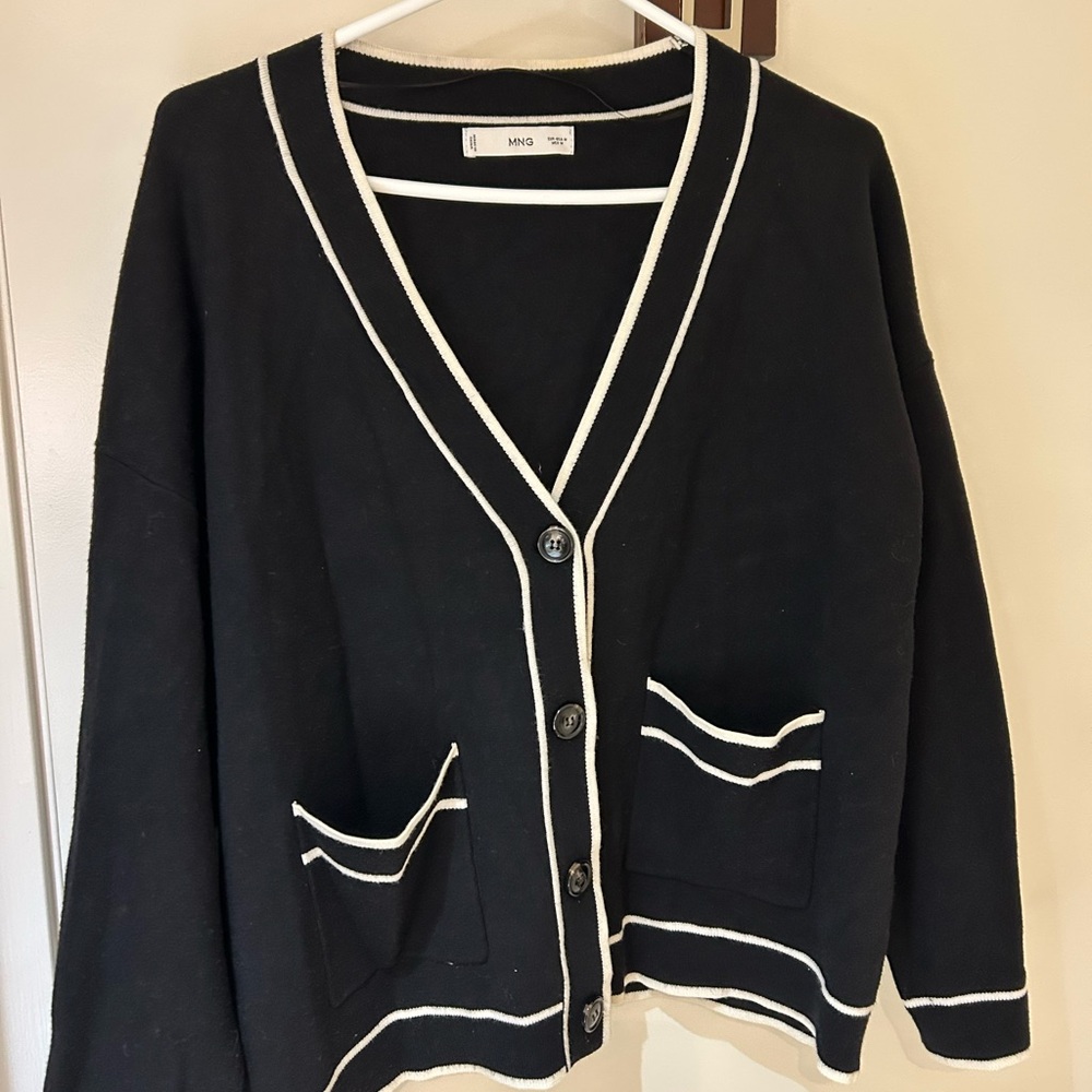 Mango Women's Black Cardigan with White Trim